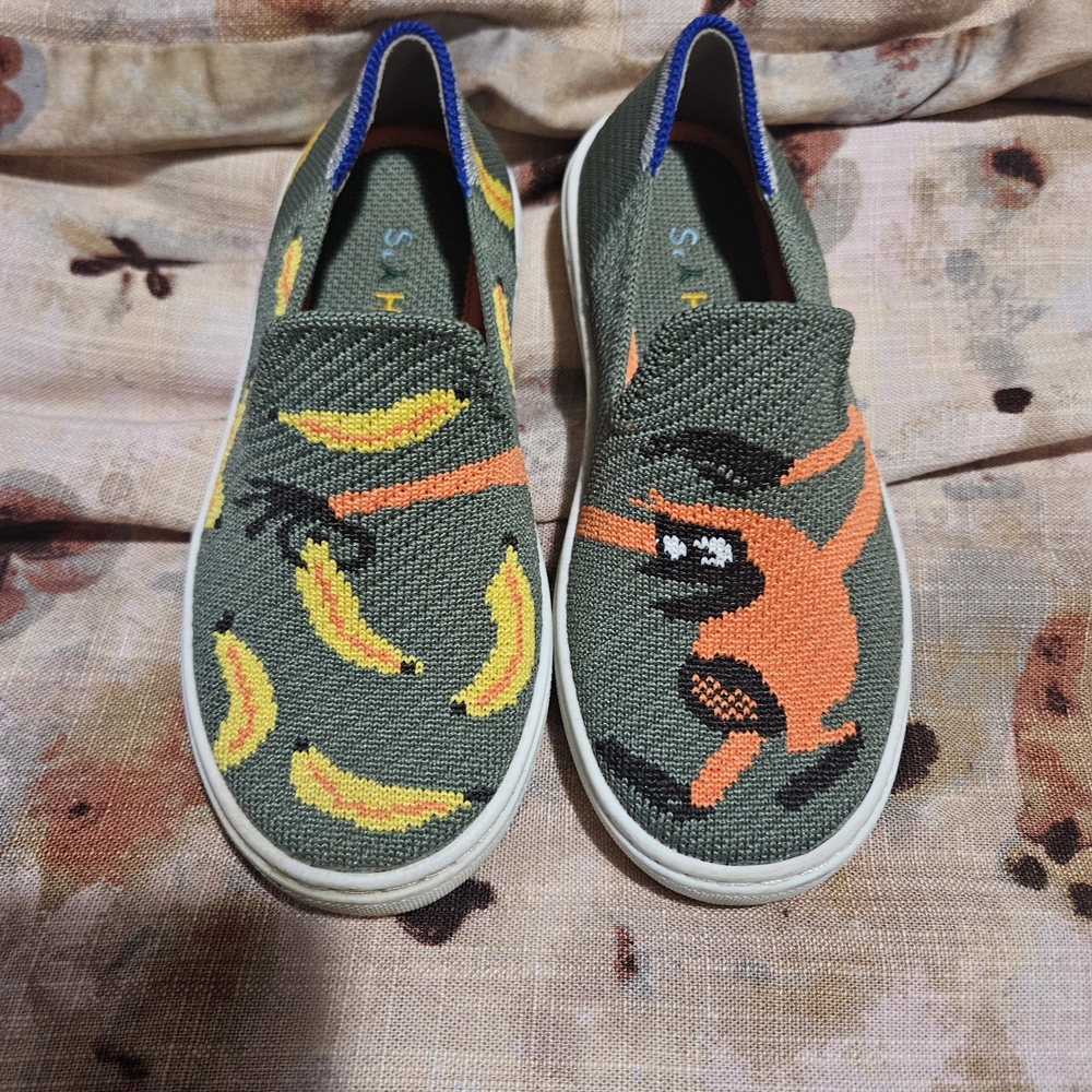 Rothy's Olive Green Slip-On Sneakers with Yellow Banana & Orange Fox